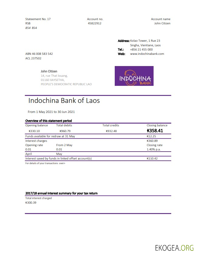 Modèle de relevé bancaire Laos Indochine facile à remplir au format Excel et PDF